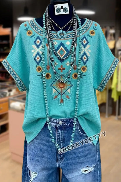 Retro Ethnic Embroidered Dolman Sleeve Cotton Blouse