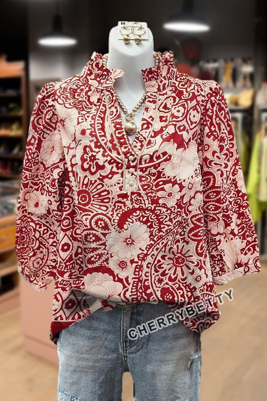 Vintage Floral Print V-Neck Puff Sleeve Top