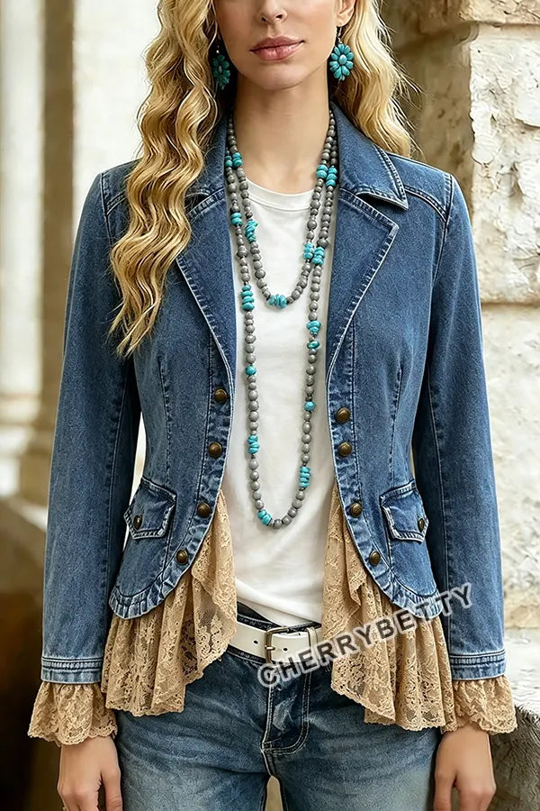 Solid Collar Long Sleeve Lace Ruffle Hem Jacket