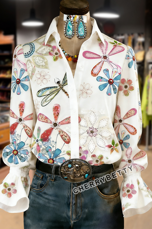 Boho Floral Print Collard Bell Sleeves Blouse