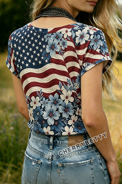 Mixed American Flag Floral Print V-Neck Cotton T-Shirt