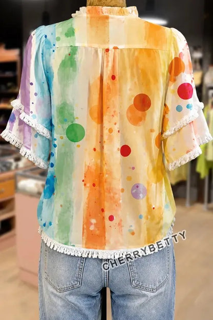 Colorful Polka Dot Print Ruffle Neck Frayed Hem Top