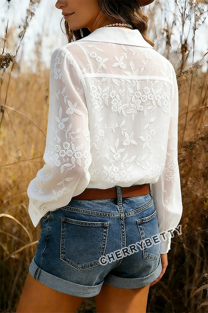 Solid Flower Embroidered Long Sleeve Blouse