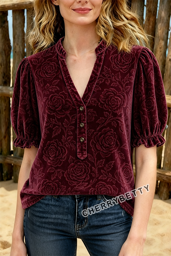 Vintage Rose Jacquard V-Neck Puff Sleeve Velvet Blouse