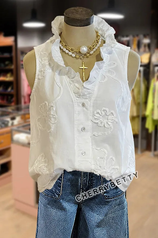 Elegant Flower Embroidered Ruffle Neck Sleeveless Tank Top