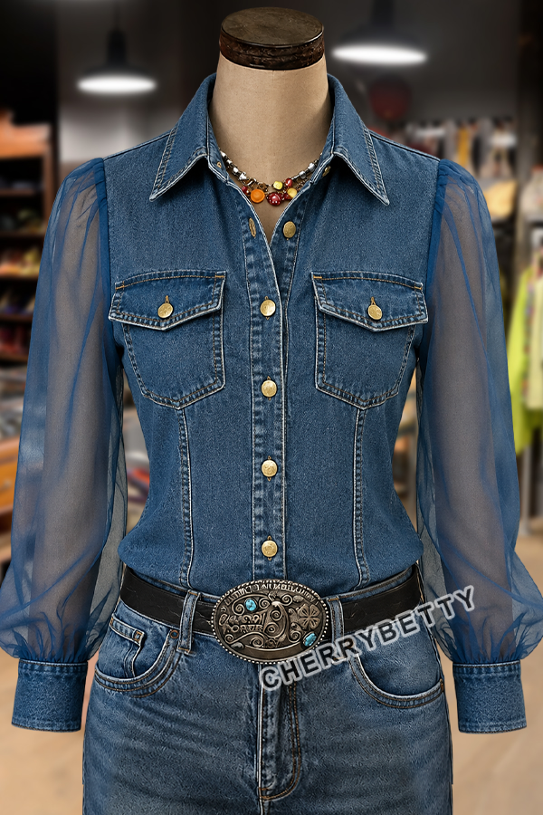 Western Chic Sheer Long Sleeve Button Up Denim Blouse