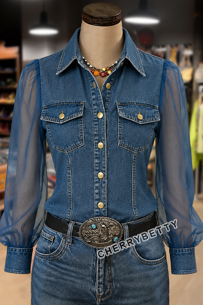 Western Chic Sheer Long Sleeve Button Up Denim Blouse