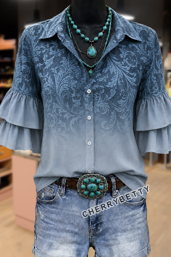 Gradient Floral Print Ruffle Sleeve Top