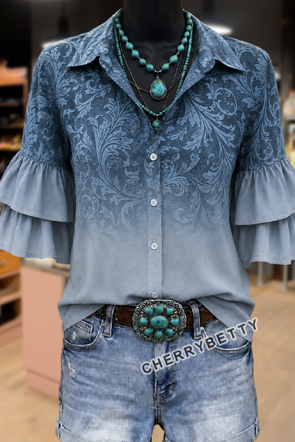 Gradient Floral Print Ruffle Sleeve Top