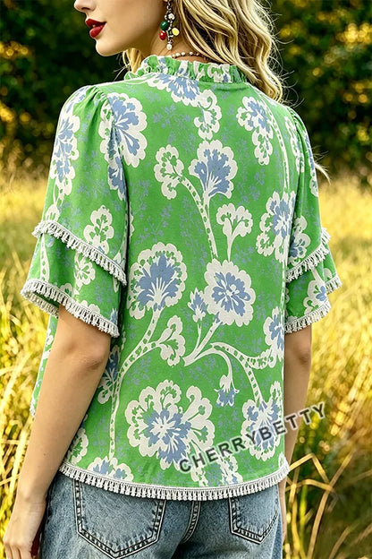 Retro Floral Print Ruffle Neck Frayed Hem Top