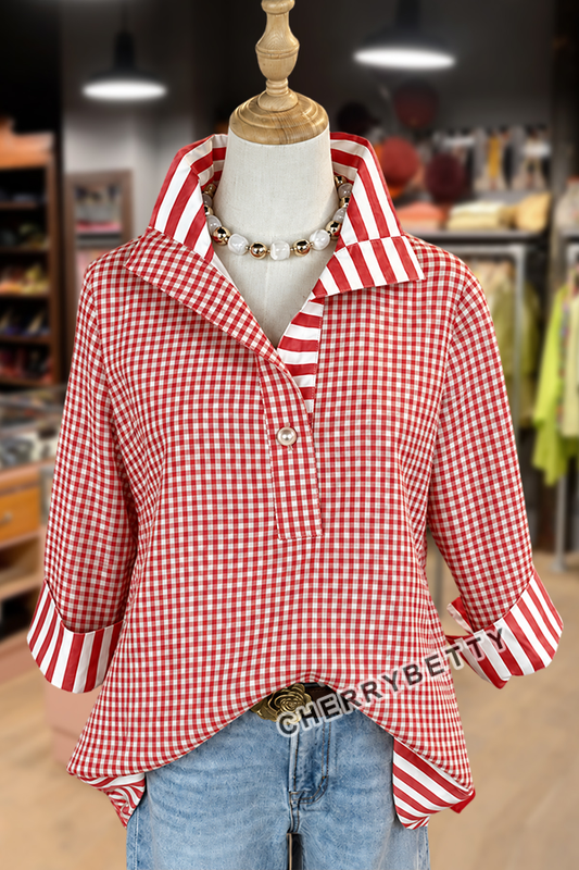 Classic Gingham Pattern Striped Collar Three Quater Sleeve Blouse