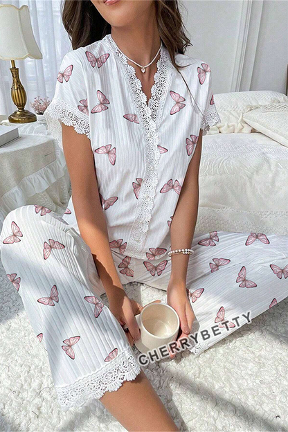 Cute Heart Print Lace Trim Cozy Pajama Set