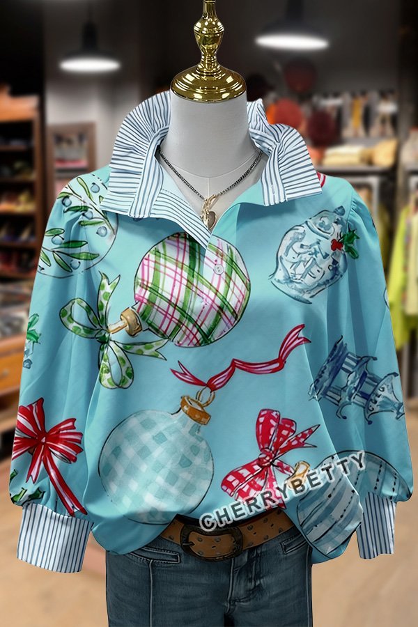 Christmas Ornaments Print Striped Collar Top