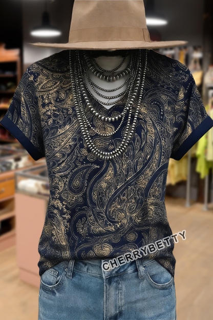 Retro Paisley Print Short Sleeve T-Shirt
