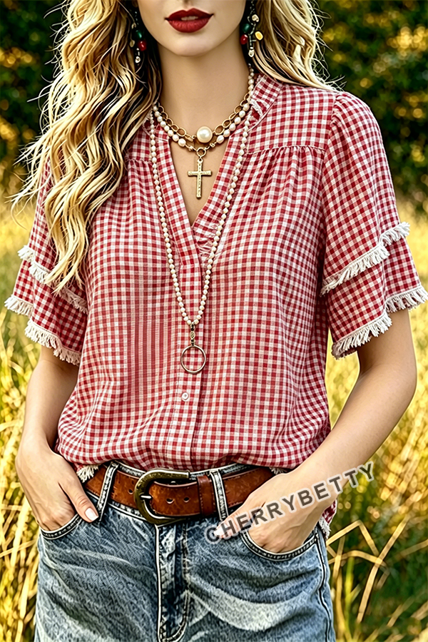 Classic Gingham V-Neck Frayed Hem Cotton Top