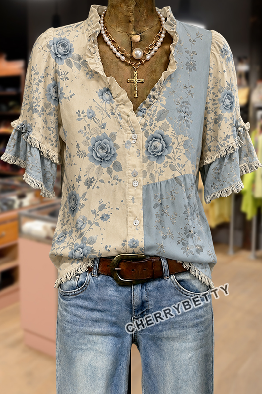 Mixed Floral Print Ruffle Neck Frayed Hem Top