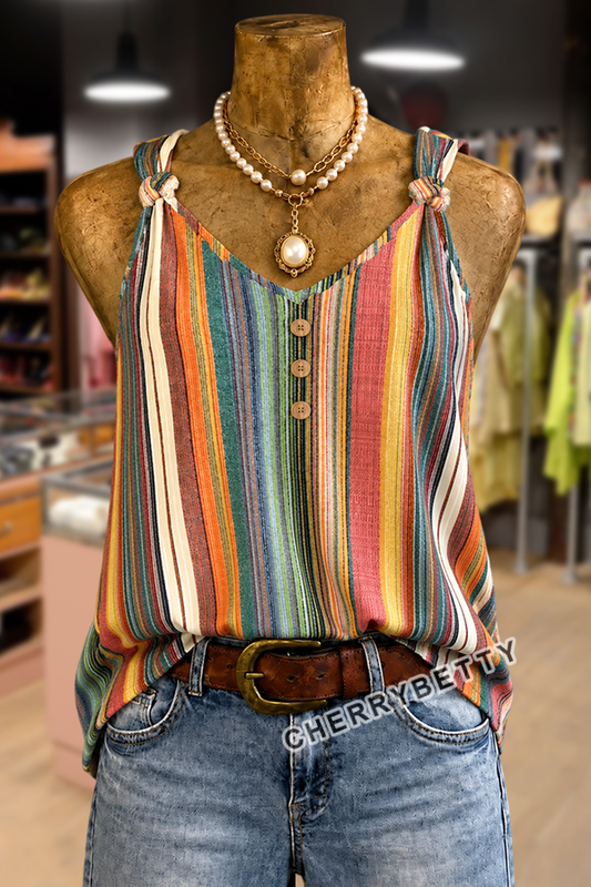 Colorful Striped Button Detailed Sleeveless Tank Top
