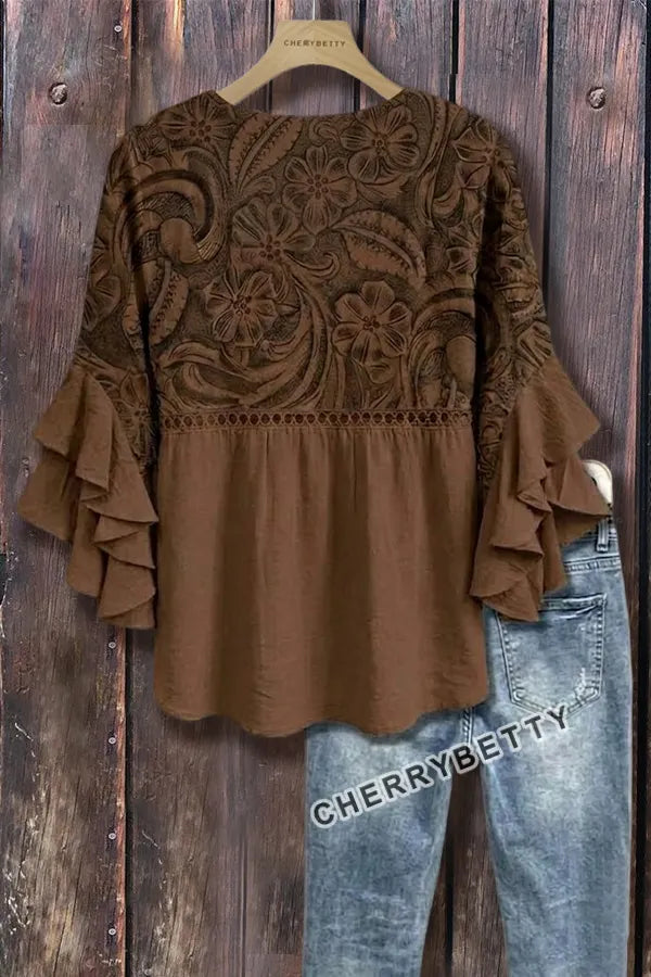 Vintage Floral Print Hollow Out Ruffle Sleeve Top