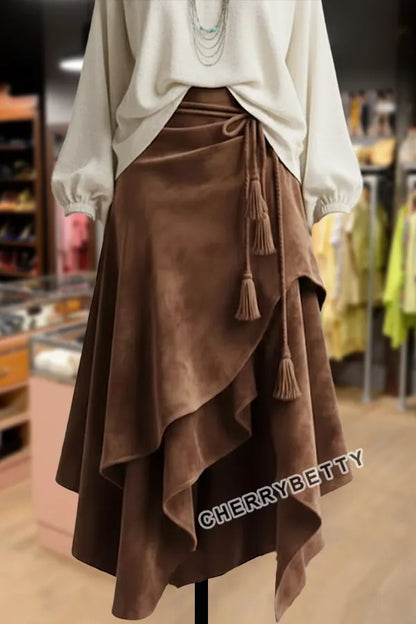 Western Irregular Tassel Design Suede Skirt