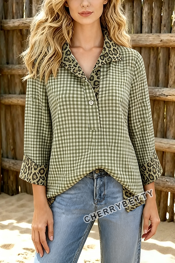 Classic Gingham Pattern Leopard  Collar Three Quater Sleeve Blouse