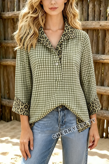 Classic Gingham Pattern Leopard  Collar Three Quater Sleeve Blouse