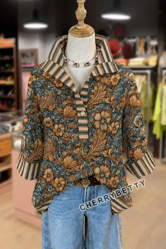 Vintage Floral Print Striped Collar Three Quater Sleeve Blouse