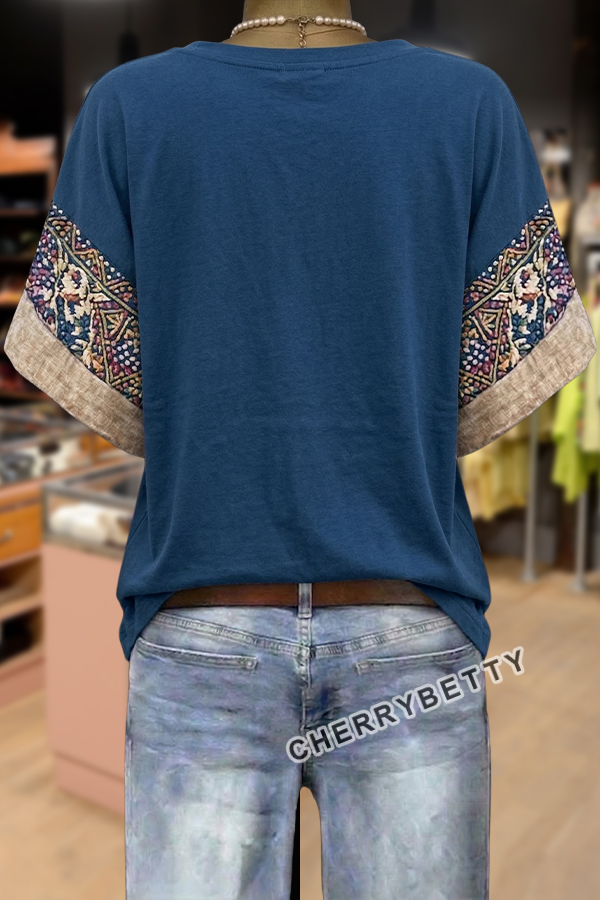 Boho American Flag Flower Embroidered V-Neck Cotton Top