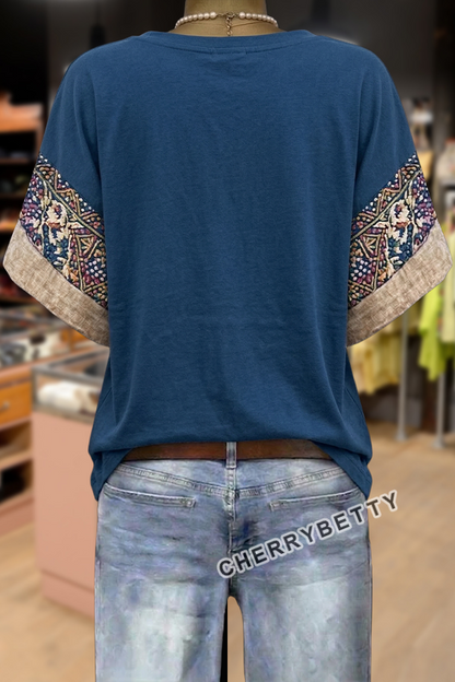 Boho American Flag Flower Embroidered V-Neck Cotton Top