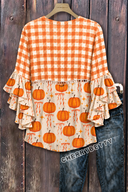 Vintage Plaid Pumpkin Print Hollow Out Ruffle Sleeve Top
