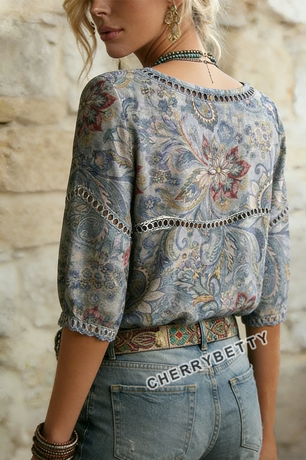 Vintage Floral Print Hollow Out Top