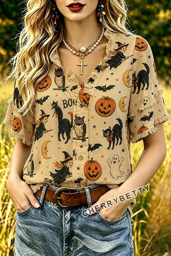 Funny Halloween Print Ruffle Neck Frayed Hem Top