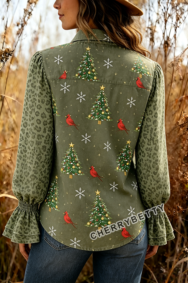 Christmas Tree Print Leopard Bell Sleeve Blouse