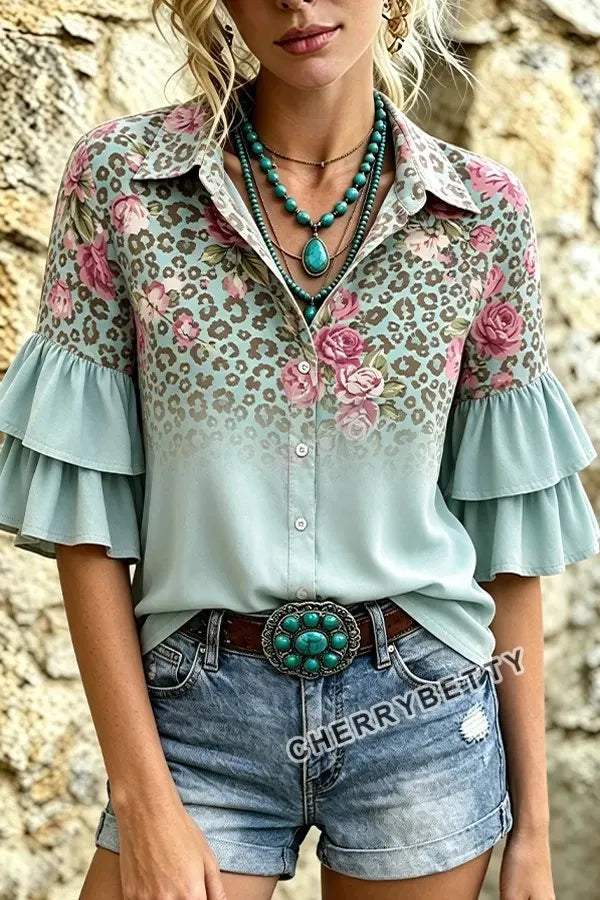 Gradient Leopard Floral Print Ruffle Sleeve Top