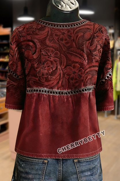 Retro Floral Print Hollow Out Top