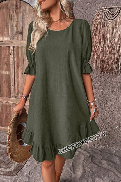 Solid Round Neck Ruffle Hem Linen Dress