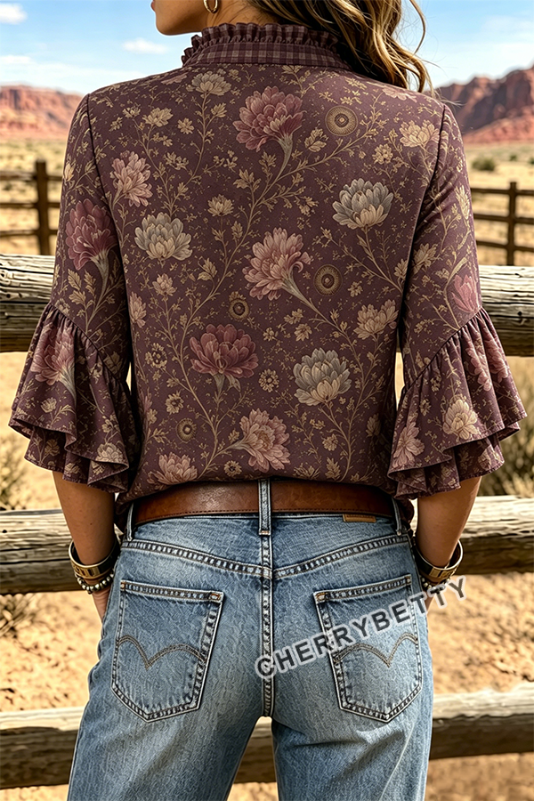 Retro Floral Print Gingham Ruffle Neck Top