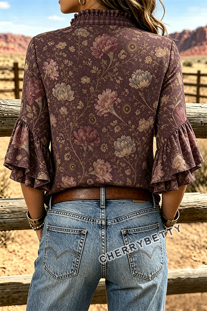 Retro Floral Print Gingham Ruffle Neck Top