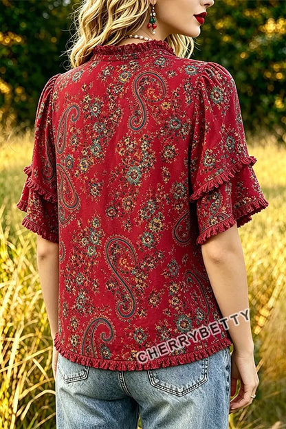 Vintage Paisley Print Ruffle Neck Frayed Hem Top