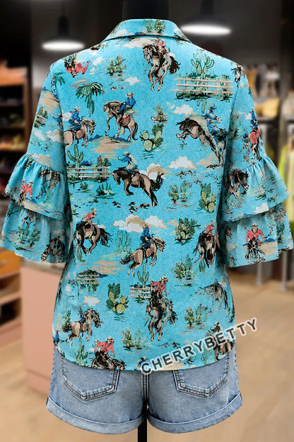 Western Cowboy Print Layered Ruffle Sleeve Blouse