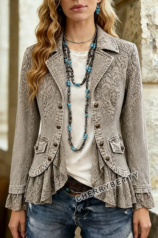 Retro Floral Print Lace Patch Jacket