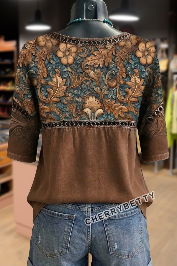 Retro Floral Print Hollow Out Top