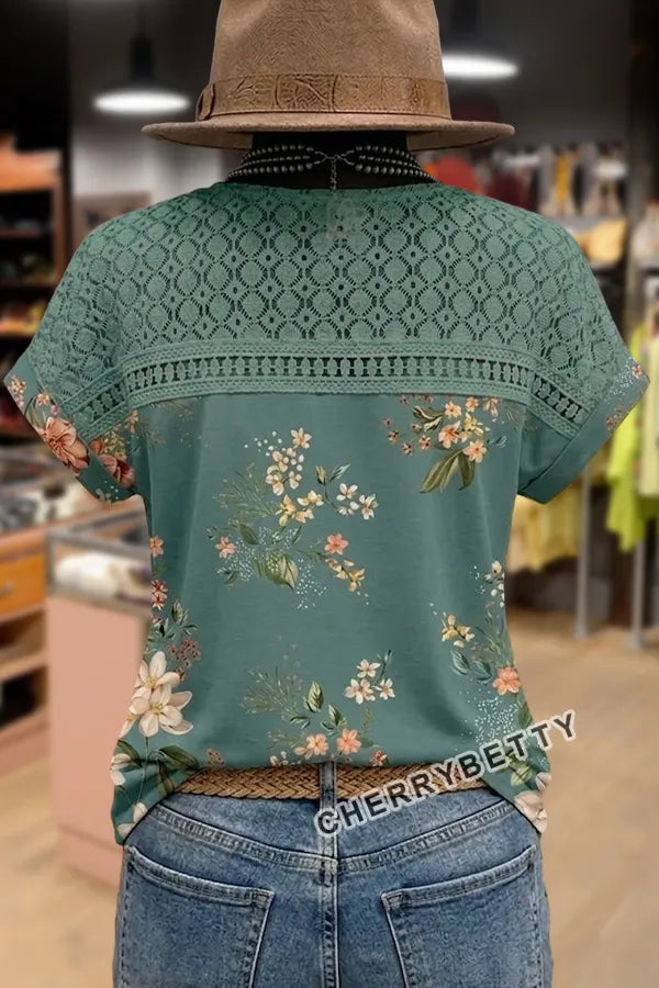 Spring Floral Print Hollow Out Top