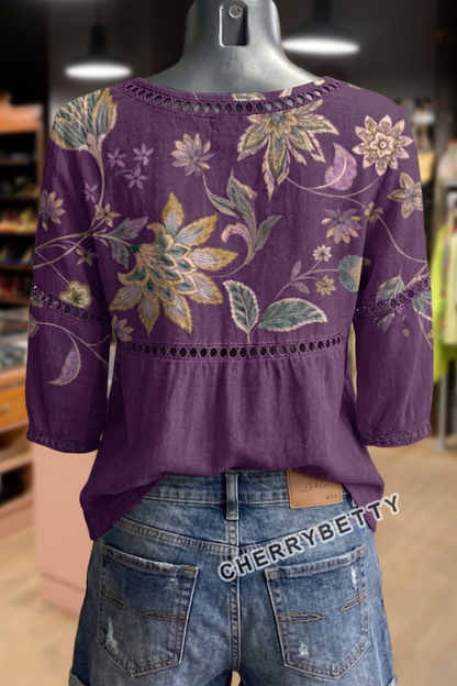 Vintage Floral Print Hollow Out Top