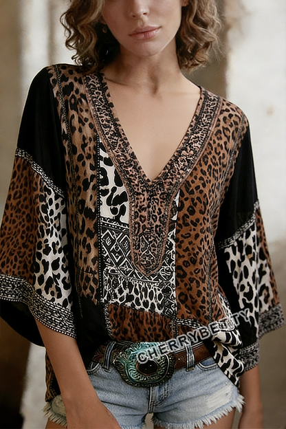 Boho Mixed Leopard Print V-Neck Three Quater Sleeve Blouse
