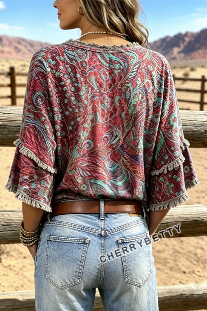Vintage Paisley Print V-Neck Frayed Hem Top