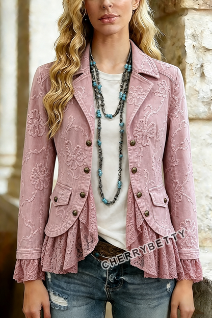 Elegant Flower Embroidered Lace Patch Cotton Jacket