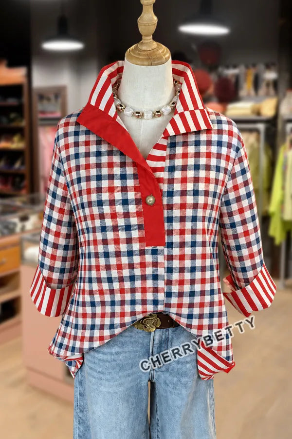 Classid Patriotic Gingham Pattern Striped Collar Three Quater Sleeve Blouse