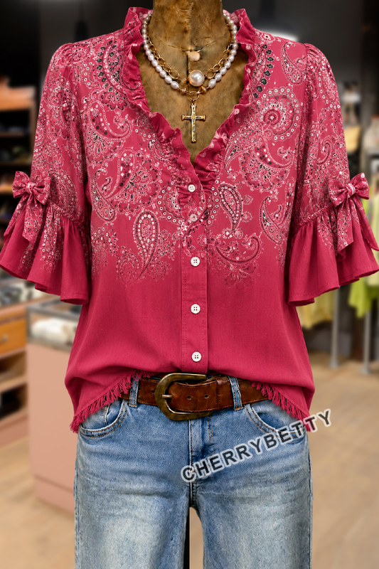 Gradient Paisley Print Bow Decor Half Sleeve Blouse