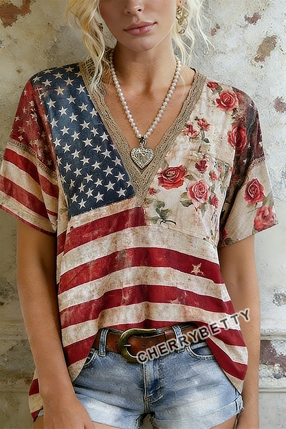 Retro American Flag Print V-Neck  Cotton Top