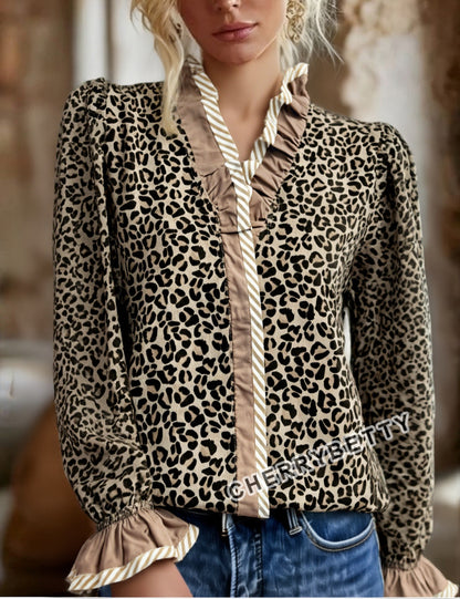 Leopard Print Ruffle Neck Long Sleeve Top